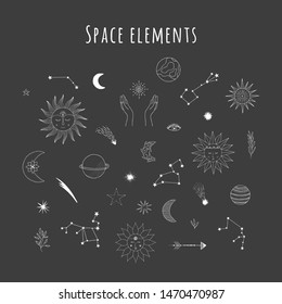 Set of hand drawn galaxy space elements. Sun with face, falling star, comet, planet, zodiac sign, hands, crescent, half moon. Vector doodle isolated illustration.