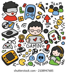 Set of hand drawn gamer gadget doodle isolated on white 