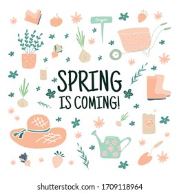 Set of hand drawn garden elements with quote: Spring is coming. - vector illustration