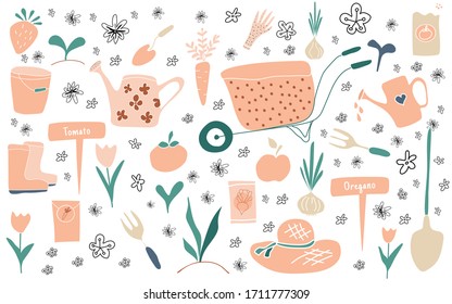 Conjunto de elementos de jardín dibujados a mano. - ilustración vectorial