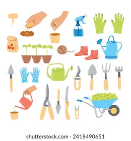 Set of hand drawn garden elements. Cartoon flat illustration of farm equipment, agriculture items.