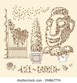 Set of hand drawn garden plants, decorative bush, watering can, evergreen tree in a pot, pack of birds, flower, gate with an ivy and cut bush in the form of the head. Vector illustration