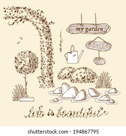 Set of hand drawn garden plants, decorative bush, watering can, olive tree in a pot, wooden boards, flower, rock-garden and cut bush in the form of arch. Vector illustration