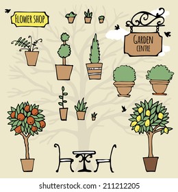 Set Of Hand Drawn Garden Stuff (plants, Plant Pots). Logos Of Flower Shop And Garden Centre. Vector Illustration In Doodle Style.