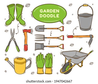 Set of hand drawn garden tool cartoon doodle style