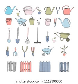set of hand drawn garden tools