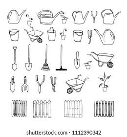 Set Hand Drawn Garden Tools Stock Vector (royalty Free) 1112390342 