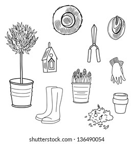 Set of hand drawn garden tools, pot, ground, olive tree in a pot, straw hat, gloves, rubber boots and bird house. Vector illustration.