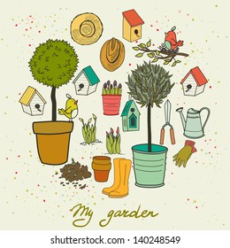 Set of hand drawn garden tools, pot, ground, watering can, olive tree in a pot, straw hat, gloves, rubber boots and bird house. Vector illustration.