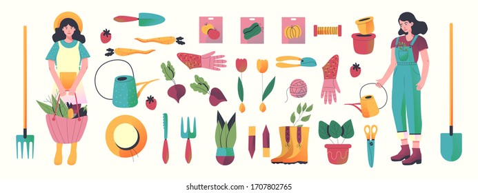 Set of hand drawn garden tools with women. All elements object.