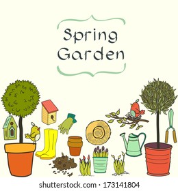 Set of hand drawn garden tools, pot, ground, watering can, olive tree in a pot, straw hat, gloves, rubber boots and bird house. Vector illustration.