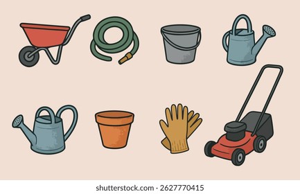 set of hand drawn garden tools vector illustration.  Garden wheelbarrow, hose, watering can, flower pot, bucket, lown mower.