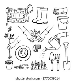 A set of hand drawn gardening elements, apron, boots, gloves, sprouts, watering can, gloved hands. Simple outline in Doodle style, vector.