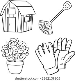 A set of hand drawn gardening elements, apron, boots, gloves, sprouts, watering can, gloved hands. Simple outline in Doodle style, vector. black line vector