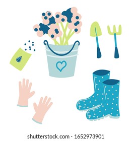 Juego de herramientas de jardinería hechas a mano - flores en un cubo, guantes, botas de goma y semillas. Ilustración vectorial.