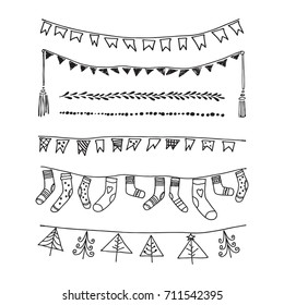 Set of hand drawn garlands for festive posters decoration. Vector sketch design.Isolated on the background.