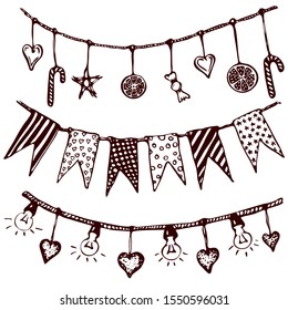 handgezeichnete Garnelen mit Flaggen, Sternen, Bonbons und Glühbirnen. Vektorgrafik der Kollektion der Partyflags. Doodle-Stil. Vintage-Skizze von Feiertagen dekorative bunte und garlands.