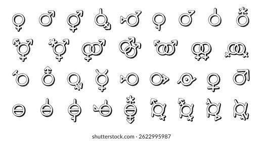 Conjunto de iconos de identidad de género dibujados a mano Símbolo utilizado para representar el sexo y el género Diversidad de géneros