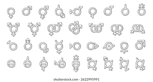 Conjunto de mãos desenhadas ícone de identidade de gênero Símbolo usado para representar sexo e gênero Diversidade de gêneros