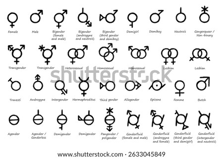Set of hand drawn gender identity icon Symbol used to represent sex and gender Diversity of genders
