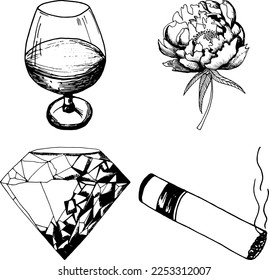 Set von handgezeichnet Gentleman Attribute, Glas Wein, Zigarre, Pion, Rose, Juwel. Vintage-Clip-Art