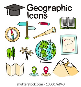 Set of hand drawn Geographic school icons. Pictograms of globe, compass, map, route, mountains, navigation, Spyglass, Geography. Vector illustration for school and education projects.