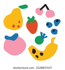 Conjunto con frutas de doodle geométricas de colores dibujados a mano. Colección de Vector estilo boceto. Diseño plano. Manzana, melocotón, plátano, pera, ciruela, arándano, fresa, cereza. Ilustración de comida orgánica y vegana.