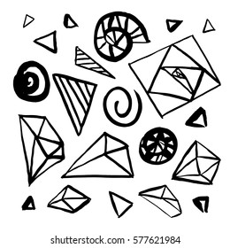 Set of hand drawn geometric design elements. Freehand drawing. Vector collection for your design, triangles, crystals, stones, fractals, spiral.