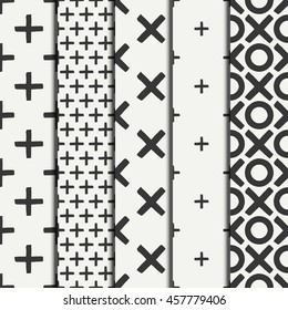 Set of hand drawn geometric seamless ink pattern brush strokes. Wrapping paper. Abstract vector background. Brush strokes. Texture with crosses or pluses. Dry brush. Rough edges illustration.