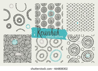 Set of hand drawn geometric seamless patterns. Six modern abstract background drawings.