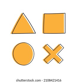 Set of hand drawn geometric shapes. Line art circle, triangle, cross and square. Isolated vector illustration