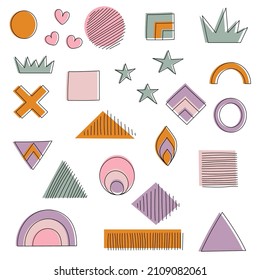 Conjunto de formas geométricas dibujadas a mano. Diseño memphis, elementos de arte de la línea retro. Ilustración vectorial aislada 
