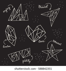 Set of hand drawn geometric shapes: mountains, plane, gemstone, heart, glasses, star. Trendy hipster logo, vector line illustration on black background.
