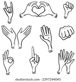 Set of hand drawn hand gestures. applause, thumbs up gesture. Human hands clapping ovation. on doodle style, vector illustration.