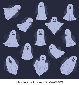 Set of hand drawn ghost characters on a dark background