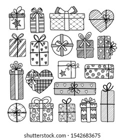Set of hand drawn gift box on white background.