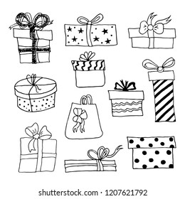 Set of hand drawn gift boxes. Vector illustration.