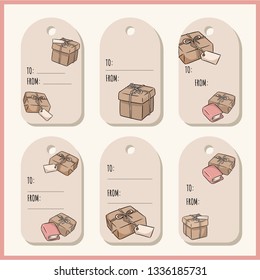 Set with hand drawn gift boxes doodles gift tags. Vector labels collection