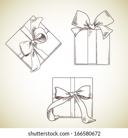 Set of hand drawn gift boxes with bows and ribbons.  Sketch illustration. Isolated on light background.