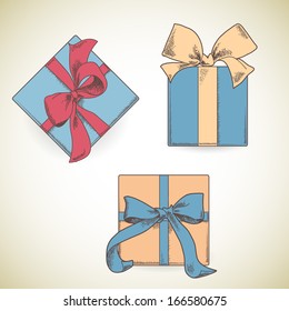 Set of hand drawn gift boxes with bows and ribbons.  Sketch illustration. Isolated on light background.