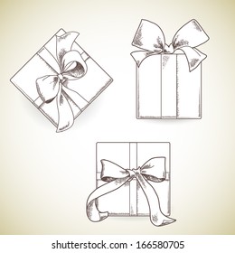 Set of hand drawn gift boxes with bows and ribbons.  Sketch illustration. Isolated on light background.