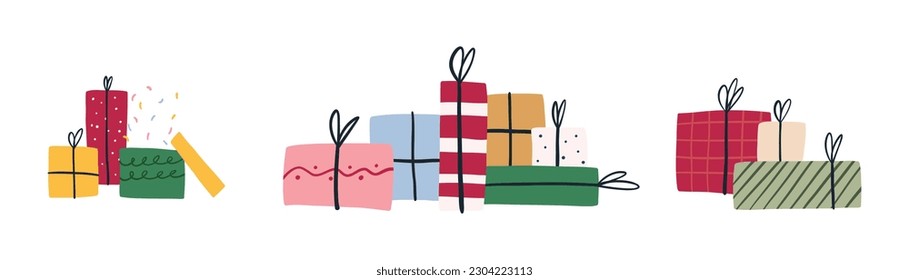 Set of hand drawn gift boxes piles, cartoon flat vector illustration isolated on white background. Stacks of cute Christmas or birthday holiday presents. Viva magenta color.