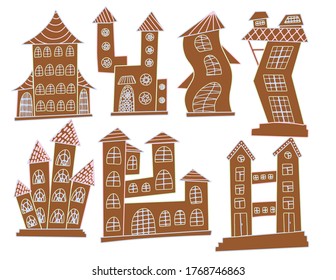 set of hand drawn gingerbread houses decorated with sugar icing. Cookies in the shape of buildings. Fairytale houses.
