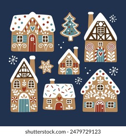 Set of hand drawn gingerbread houses and Christmas cookies. Snowy winter village icons.  Perfect for sticker or nursery print design.