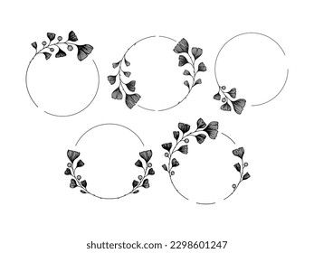 Set of hand drawn ginkgo biloba frames. Floral wreaths for greeting cards, wedding invitations, posters, frame arts, web, etc.