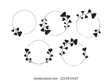 Set of hand drawn ginkgo biloba wreaths. Silhouette floral frames. Ginkgo biloba branches for invitations, posters, wedding decor, web.