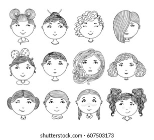 Set of hand drawn girl faces. Cartoon girls. Avatar collection. Vector illustration.