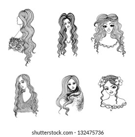 Set of hand drawn girl sketches, vector
