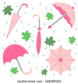  Set of Hand Drawn Glamorous Pink Umbrellas, Maple Leaves and Drops. Perfect for Print. Flat Umbrellas. Vector Illustration. 