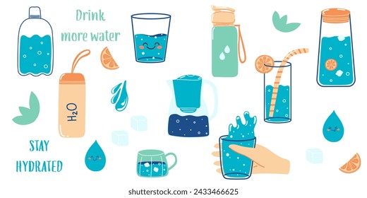 Set of hand drawn glass, bottle with water. Concept of drinking more water, hydration. Cute cartoon elements